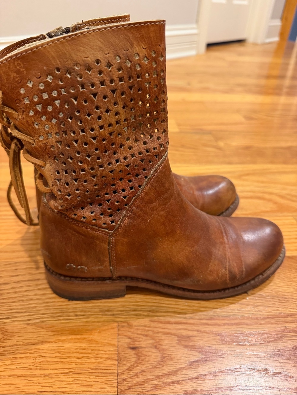 BED|STU Perforated Cognac Leather Ankle Boots - Picture 4 of 6